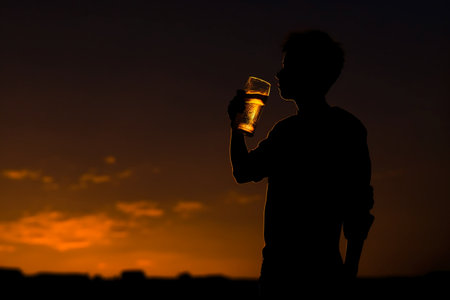 Silhouette of a man drinking water from a plastic cup at sunsetの素材