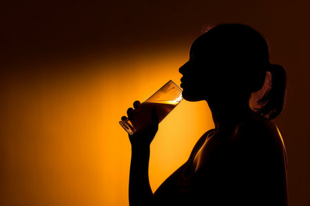Silhouette of a young woman drinking a glass of martiniの素材