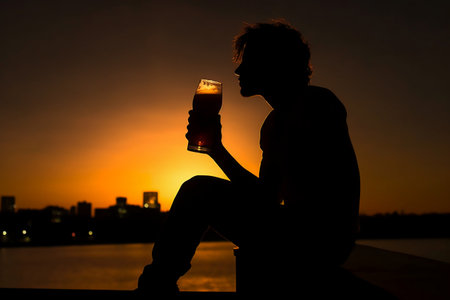 Silhouette of a man with a glass of beer at sunsetの素材