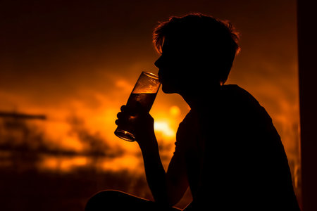 Silhouette of a man drinking a glass of water at sunsetの素材