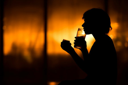 Silhouette of a man with a glass of beer at nightの素材
