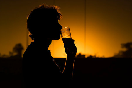 Silhouette of a young man drinking water from a glass at sunsetの素材