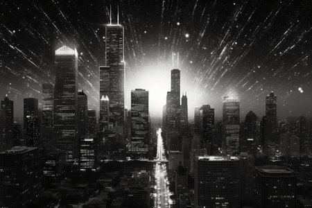 Cityscape of New York city at night with skyscrapers and lightsの素材