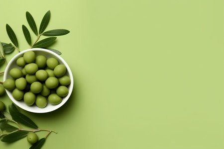 Green olives in bowl on green background. Top view with copy spaceの素材