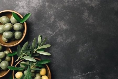 Green olives and olive branch in wooden bowls on black background. Top view with copy spaceの素材