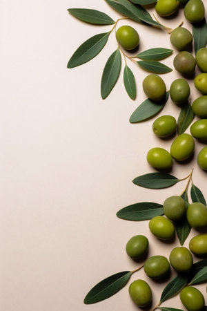 Green olives with leaves on beige background. Copy space.の素材