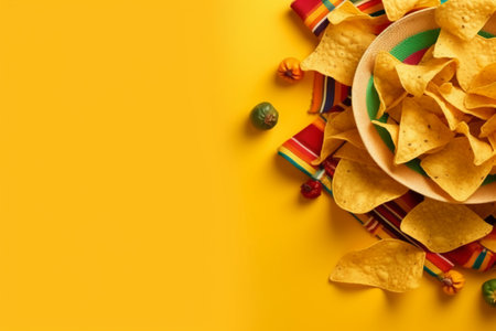 Mexican nachos chips with colorful candies on yellow backgroundの素材