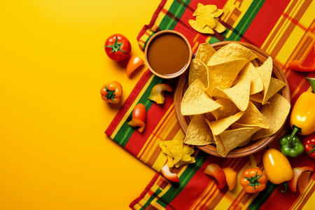 Mexican nachos chips in wooden bowl with sauce on yellow backgroundの素材