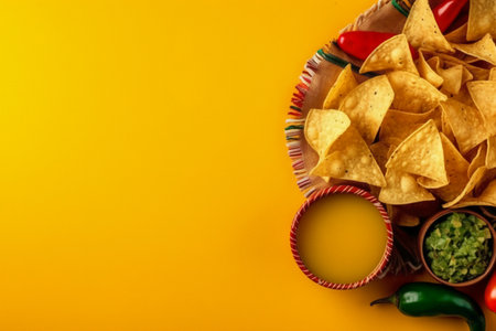 Mexican nachos with guacamole sauce on yellow backgroundの素材