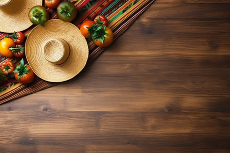 Sombrero hat and fresh tomatoes on wooden table. Top view with copy spaceの素材