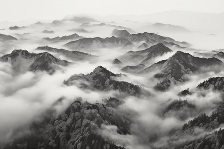Black and white mountain landscape with fog and clouds in the morning.の素材