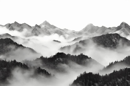 Mountains in the fog. Black-and-white image.の素材