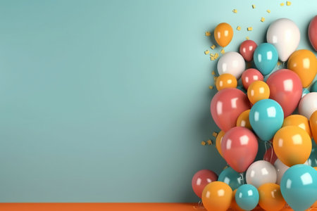 3d render of colorful balloons with confetti on pastel backgroundの素材