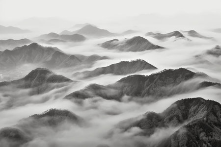 Beautiful landscape of mountains and clouds in black and white tone.の素材
