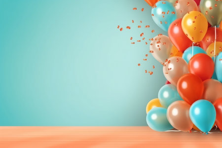 Colorful balloons and confetti on blue background. 3D Renderingの素材