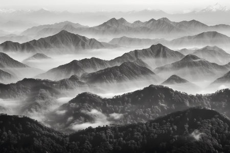 Beautiful landscape of mountains and sea of mist in monochrome toneの素材