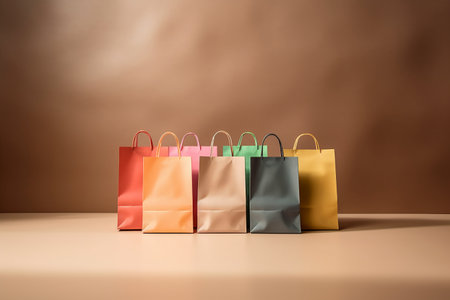 Colorful shopping bags on a brown background. 3d rendering.の素材