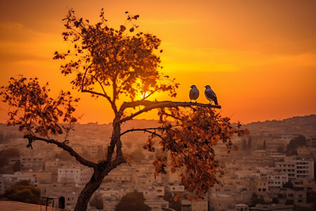 Pigeons sitting on a tree at sunset in Jaipur, Rajasthan, Indiaの素材