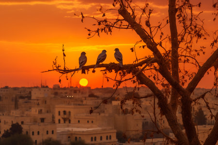 Three pigeons sitting on a tree at sunset in Cairo, Egyptの素材