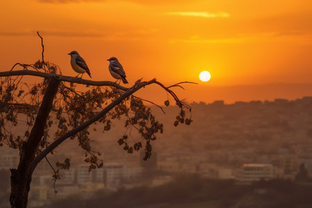 Two birds sitting on a branch of a tree and watching the sunsetの素材