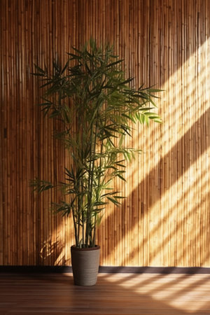 Bamboo plant in a pot on a wooden wall background. Copy space.の素材