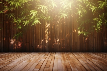 Wooden floor with bamboo wall and sunlight. 3D Renderingの素材