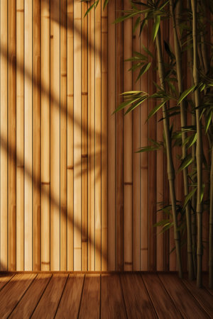 Bamboo wall and wooden floor, 3d render illustration background.の素材
