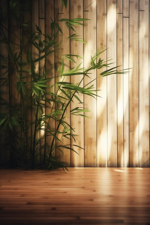 Bamboo wall and wooden floor. 3d illustration. Natural background.の素材