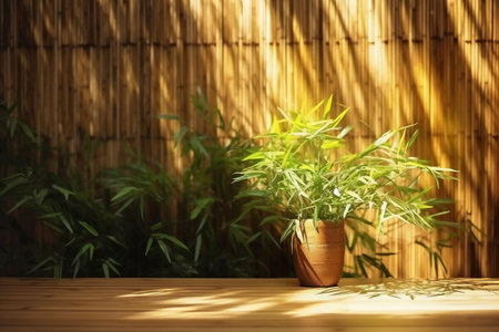 Bamboo wall and green plant in pot on wooden table, stock photoの素材