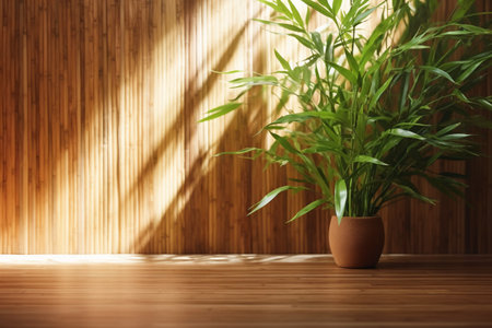 Bamboo plant in pot on wooden table with sunlight and shadow.の素材