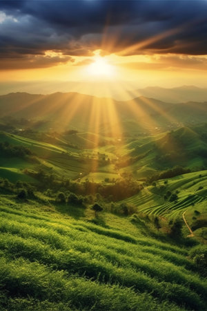 Sunset over the rice terraces, Chiang Rai, Thailandの素材