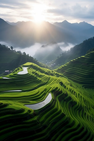 Green Terraced Rice Field in Mu Cang Chai, YenBai, Vietnamの素材