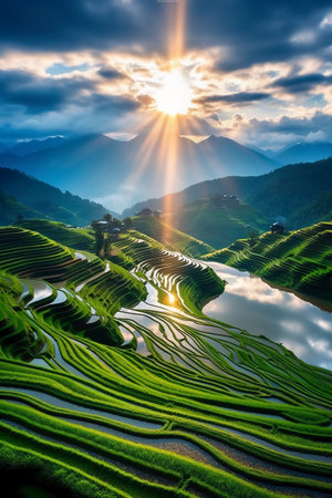 Terraced rice field at sunset in Mu Cang Chai, YenBai, Vietnamの素材