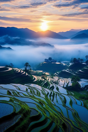 Terraced rice field at sunset in Sapa, Vietnam.の素材