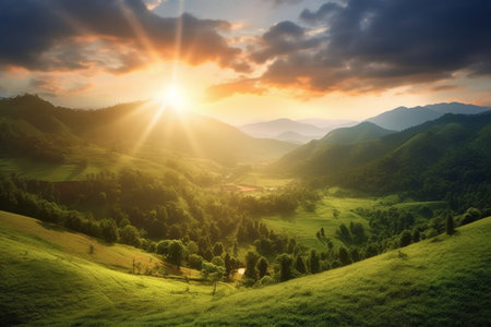 Beautiful summer landscape in the mountains. Sunrise over the valley.の素材