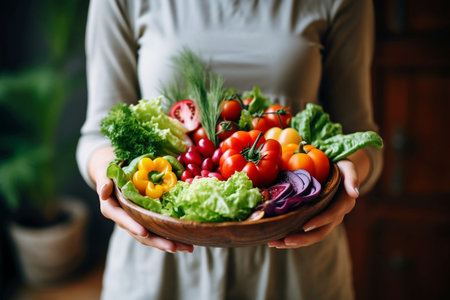 Young woman holding a bowl with fresh vegetables. Healthy food concept.の素材