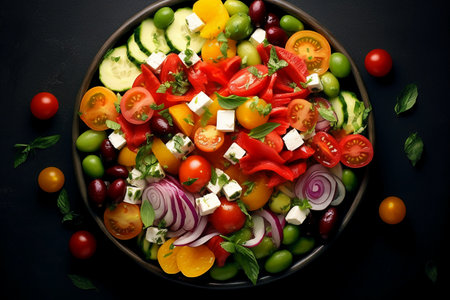 Greek salad with feta cheese, olives, tomato, cucumber and red onion on black backgroundの素材