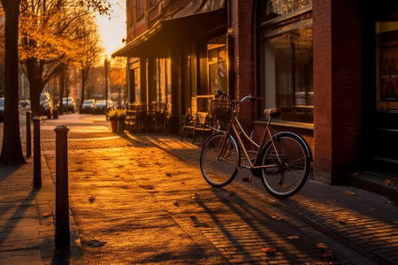 Bicycles in the city at sunset. Beautiful cityscape.の素材
