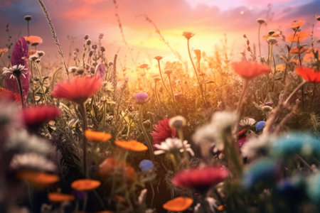 Colorful meadow with wildflowers at sunset, soft focusの素材
