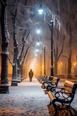 Winter park at night with lanterns, benches and trees covered with snow.の素材