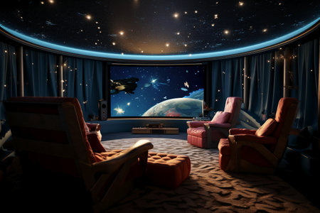 Interior of a room with a view of the space and planetsの素材