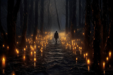 Woman walking in a dark foggy forest. 3D rendering.の素材