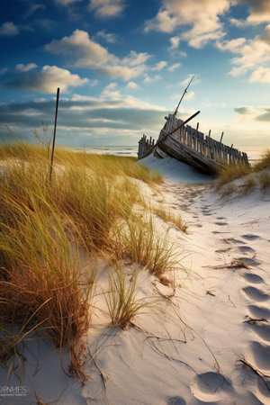 Old shipwreck on the dunes of the Baltic Sea in Polandの素材