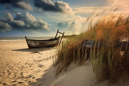 Fishing boat on sand dunes at sunset in the Netherlands.の素材