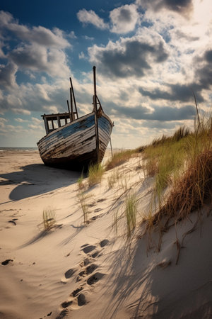 Abandoned fishing boat on the dunes of the North Seaの素材