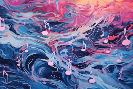 Abstract background of acrylic paint with music notes in blue and pink tonesの素材