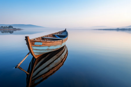 Fishing boat on the lake at sunrise, Lake Balaton, Hungaryの素材