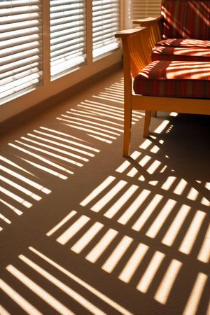 Wooden chair in sunlight with shadow from window blinds on the wallの素材