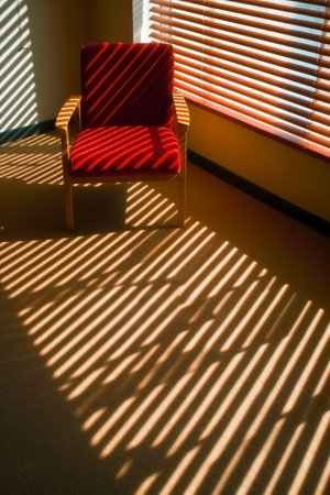 red chair in sunlit room with window blinds and shadows.の素材