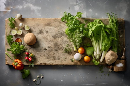 Various fresh vegetables on rustic background, top view, copy spaceの素材